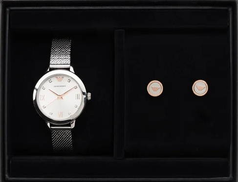 Emporio Armani Silver Color Watch and Earrings Set