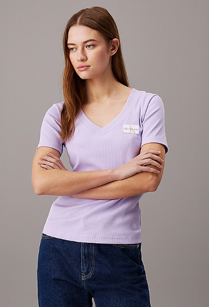 Ribbed Cotton V-Neck T-Shirt