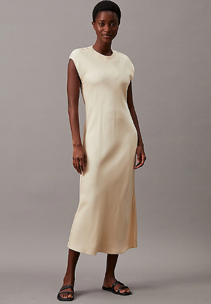 Slim midi length dress in viscose and linen