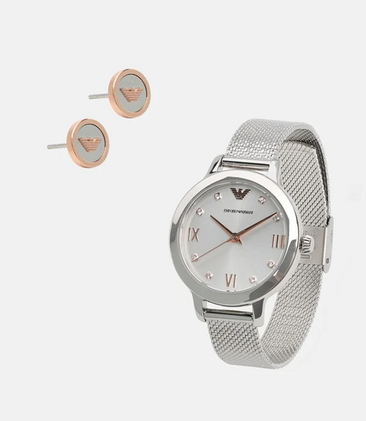 Emporio Armani  Silver Color Watch and Earrings Set