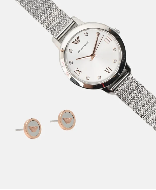 Emporio Armani  Silver Color Watch and Earrings Set