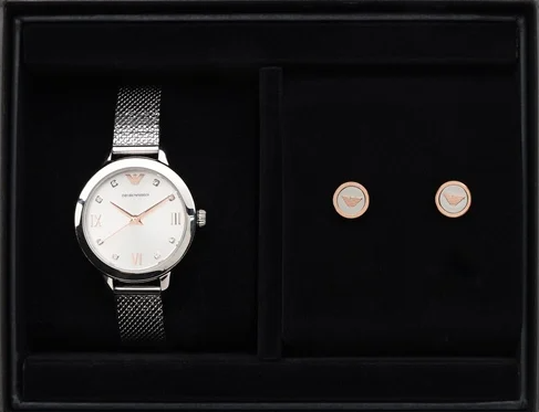 Emporio Armani  Silver Color Watch and Earrings Set