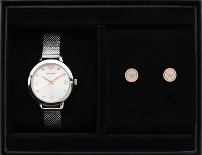 Emporio Armani  Silver Color Watch and Earrings Set